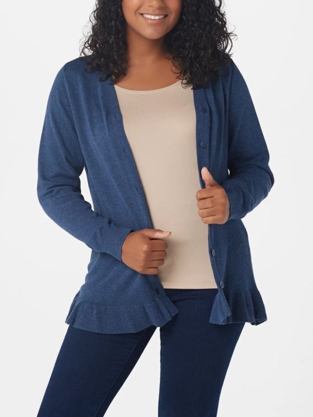 Joan Rivers Ruffle Hem Detail V-Neck Cardigan